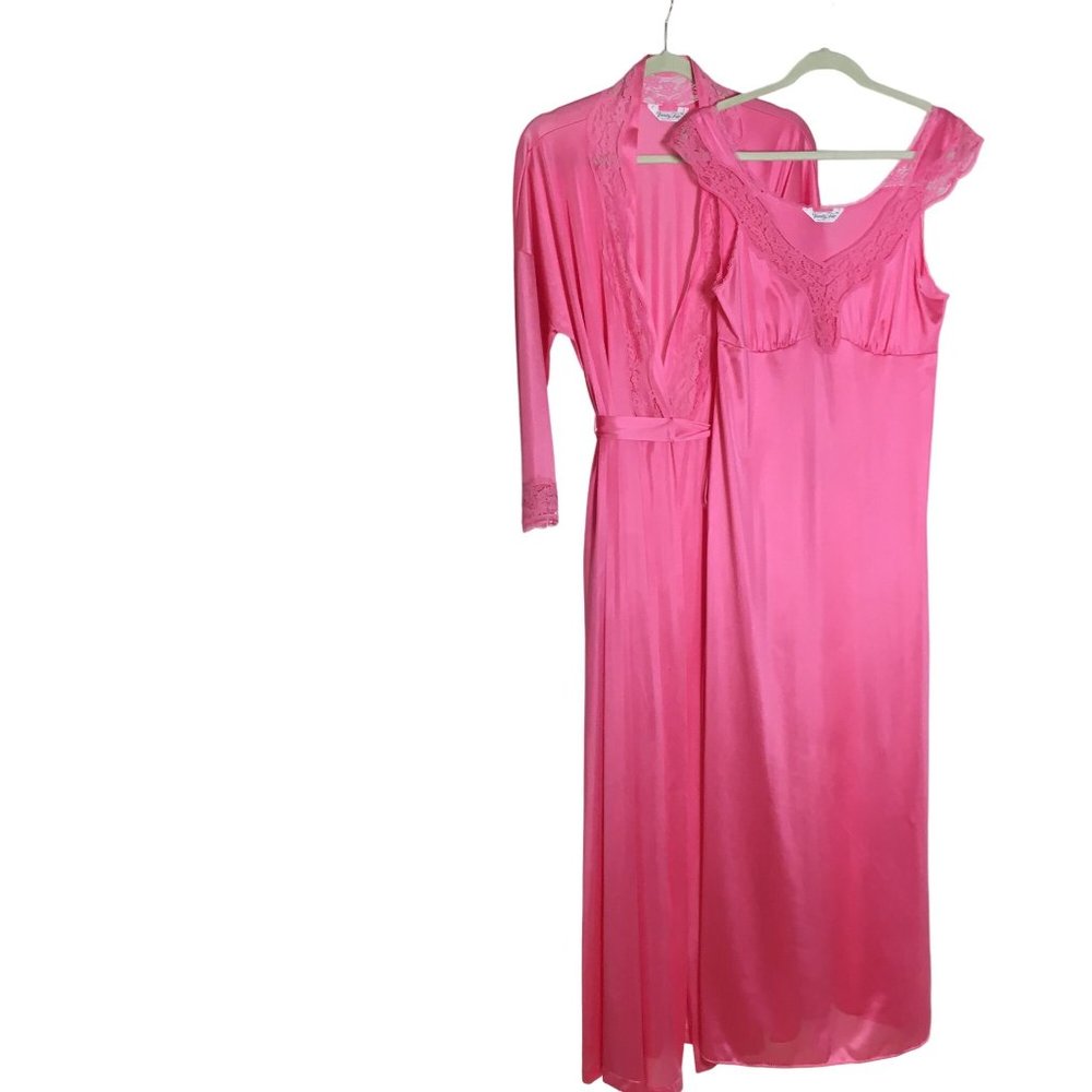 VTG Vanity Fair M Robe Nightgown Peignoir Set Barbie Pink Satin & Lace Pocket